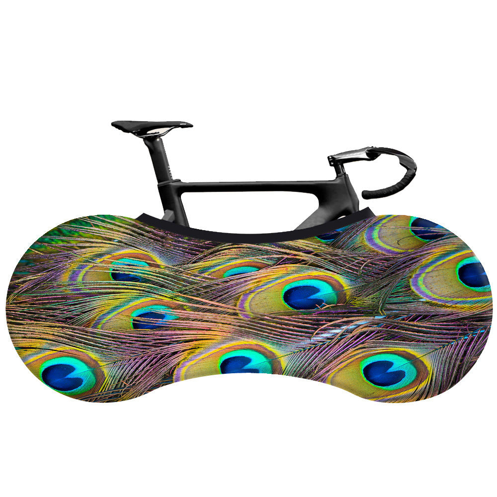 Patterned Elasticated Bicycle Dust Cover with peacock feather pattern on a white background