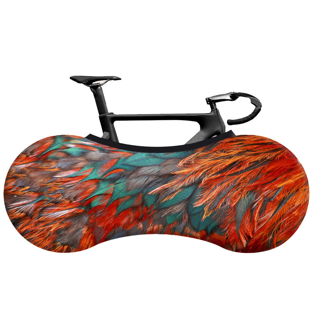 Patterned Elasticated Bicycle Dust Cover with colorful feather pattern on a white background