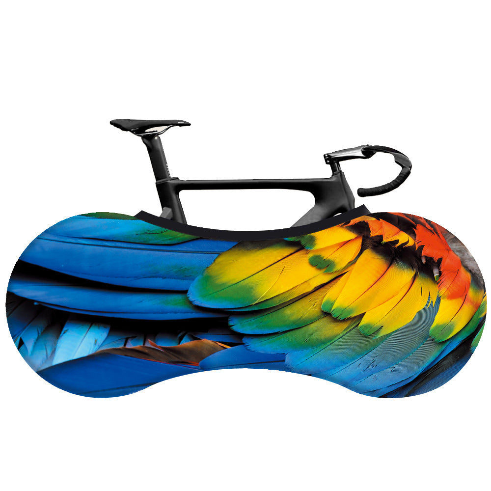 Colorful parrot-like design on a Patterned Elasticated Bicycle Dust Cover on a white background