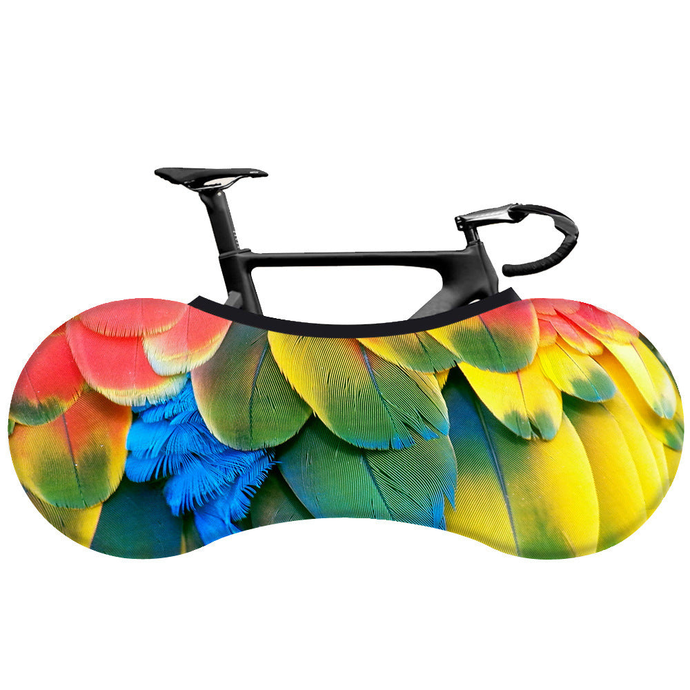 Colorful parrot feather design on a Patterned Elasticated Bicycle Dust Cover on a white background
