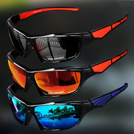 Three pairs of polarized cycling sunglasses with different colored lenses on a reflective surface.
