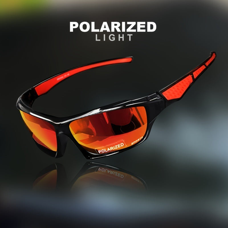 Polarized cyclinng sunglasses with red lenses on a dark background