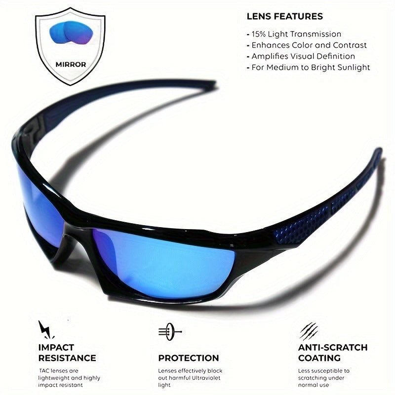 Cycling sunglasses with blue lenses on a white background, featuring lens features and product details.