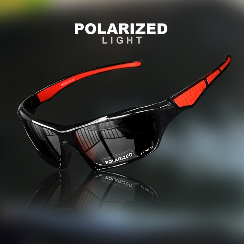 Polarized cycling sunglasses with red accents on a dark background