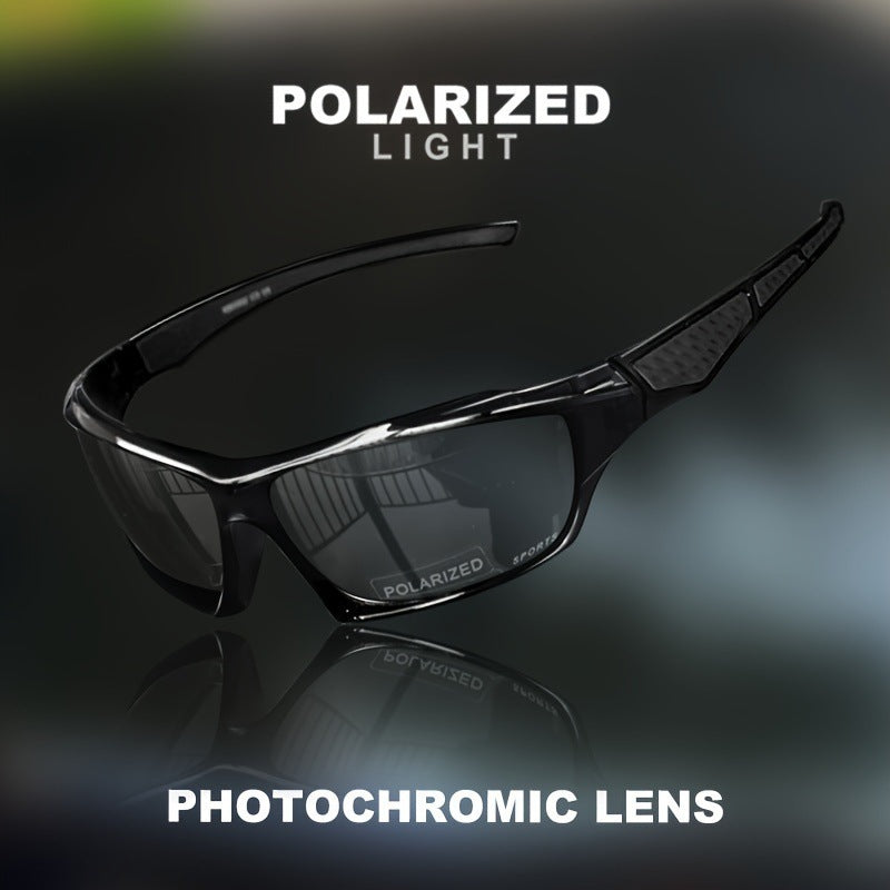 Black cycling sunglasses with 'Polarized Light' and 'Photochromic Lens' text on a dark background