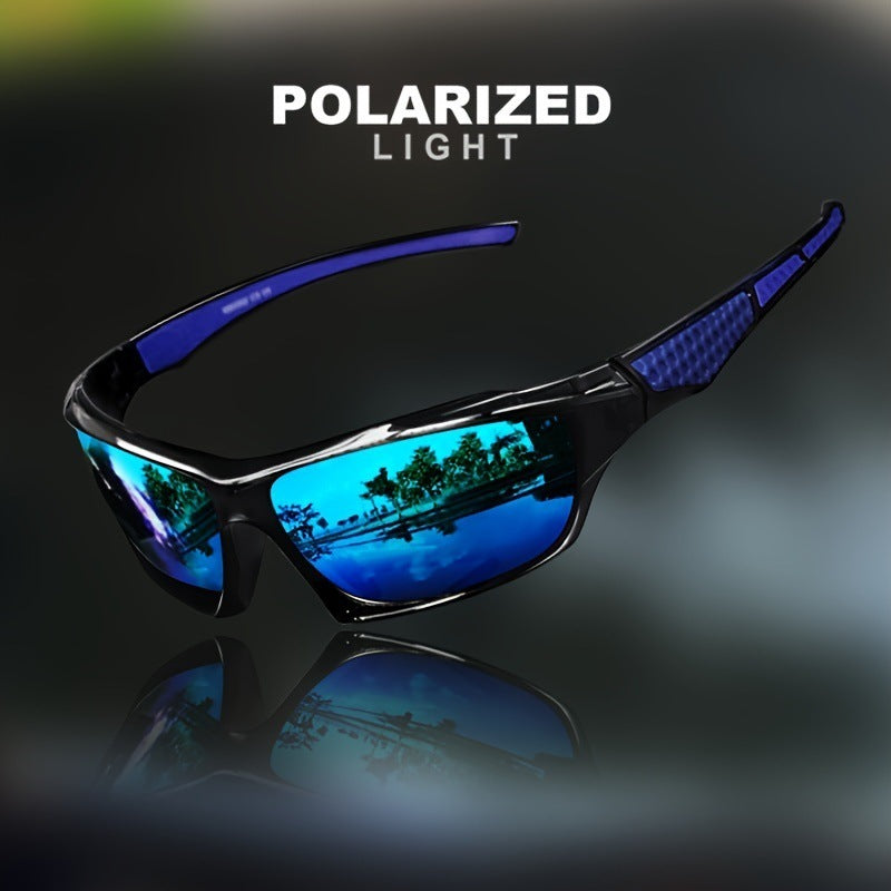 Polarized cycling sunglasses with blue-tinted lenses on a dark background