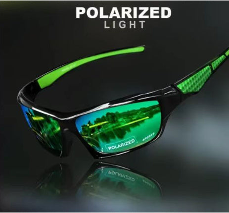 Green cycling sunglasses with 'Polarized Light' text on a dark background
