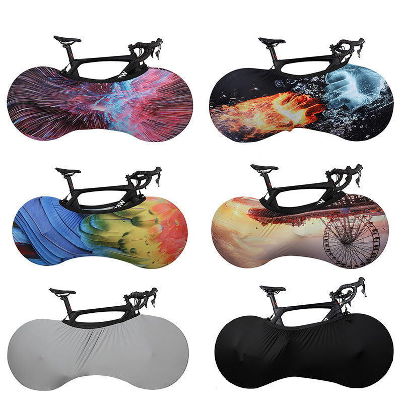 Set of six Polyester/Lycra Bicycle Dust Covers with various designs on a white background