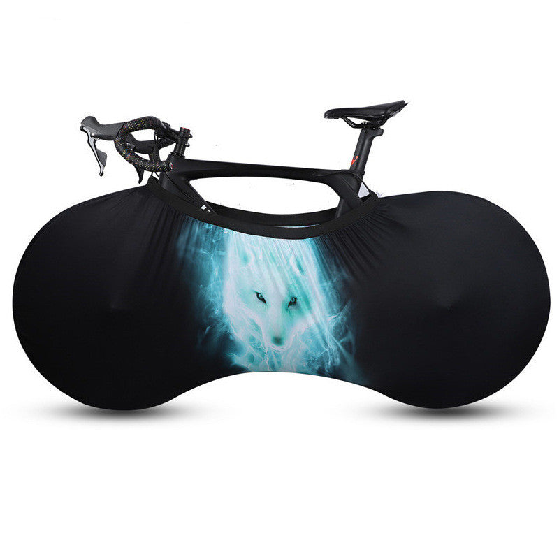 Black bicycle frame with a Polyester/Lycra Bicycle Dust Cover on a white background
