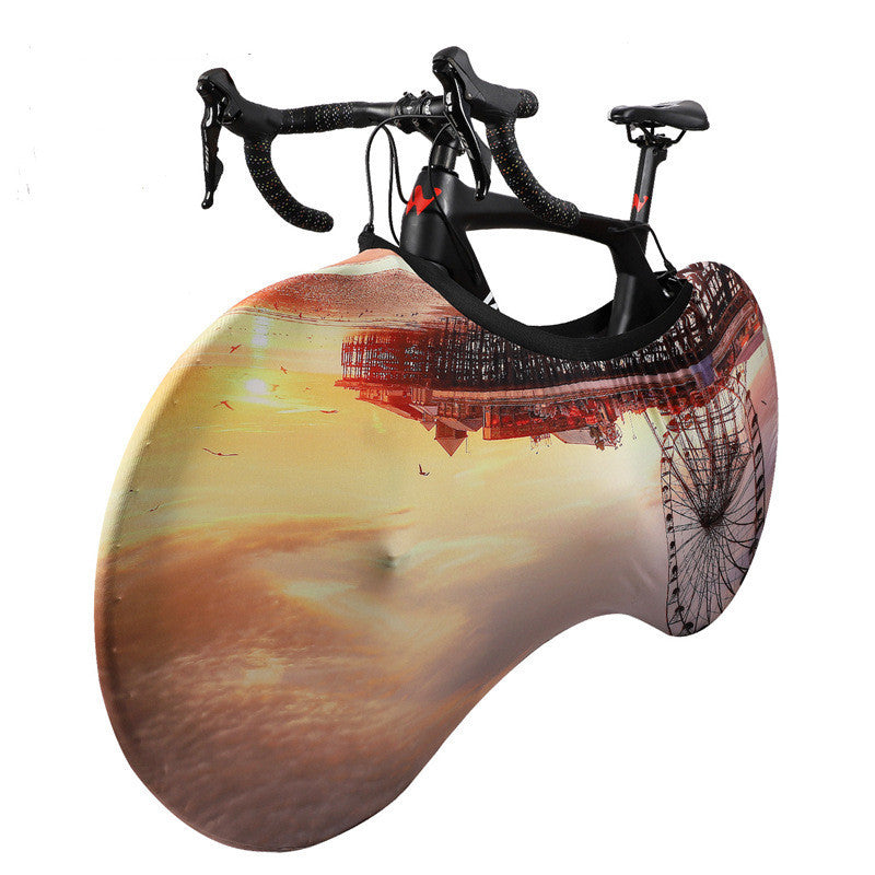 Polyester/Lycra Bicycle Dust Cover with a scenic design on a white background