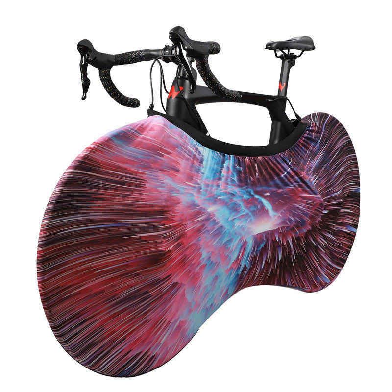 Polyester/Lycra Bicycle Dust Cover with a colorful, abstract design on a white background