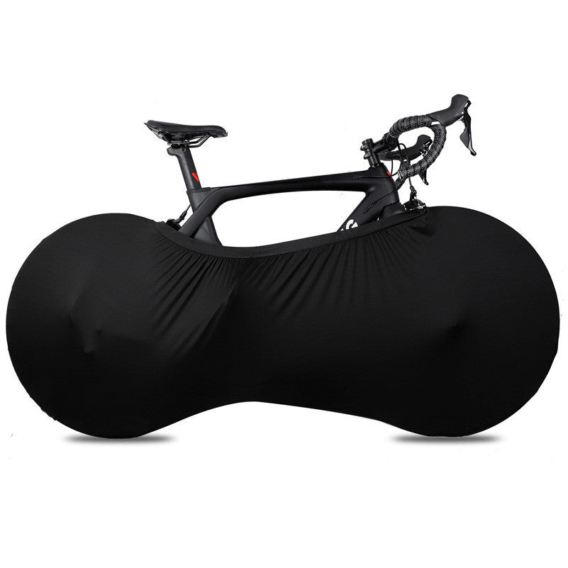 Black Polyester/Lycra Bicycle Dust Cover draped over a road bike on a white background