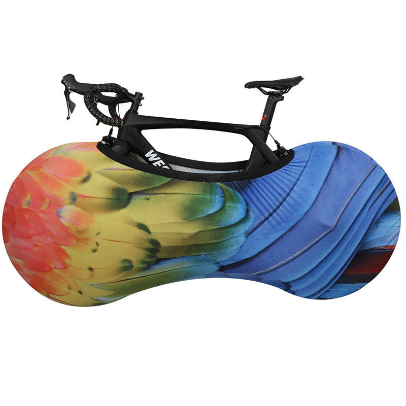 Bicycle frame with colorful Polyester/Lycra Bicycle Dust Cover on a white background