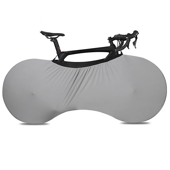 Gray Polyester/Lycra Bicycle Dust Cover with a bicycle on a white background