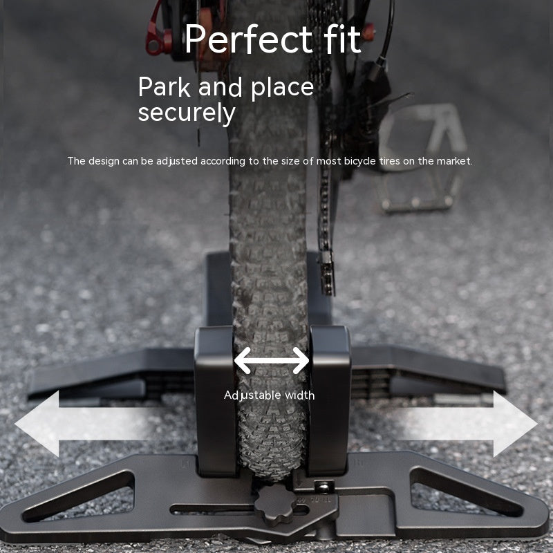 Bicycle in a black bicycle wheel stand and text indicating 'Perfect fit' and 'Park and place securely'.