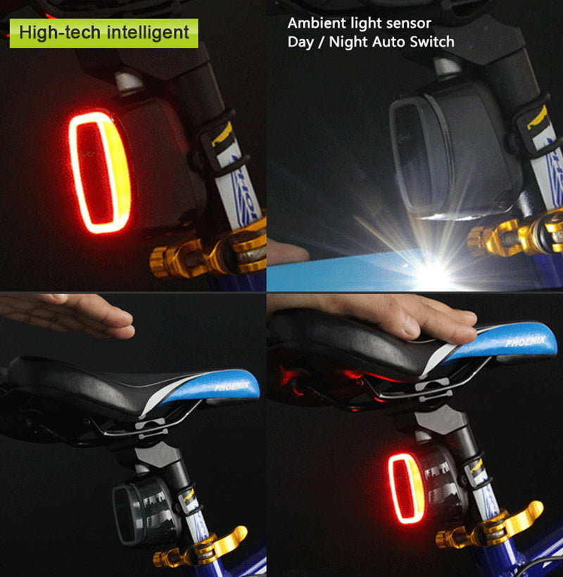 Bicycle tail light with high-tech features and ambient light sensor on a dark background