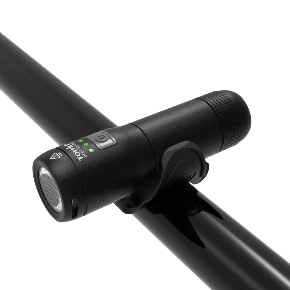 Black Rechargeable Front Bicycle Light with visible brand logo on a white background