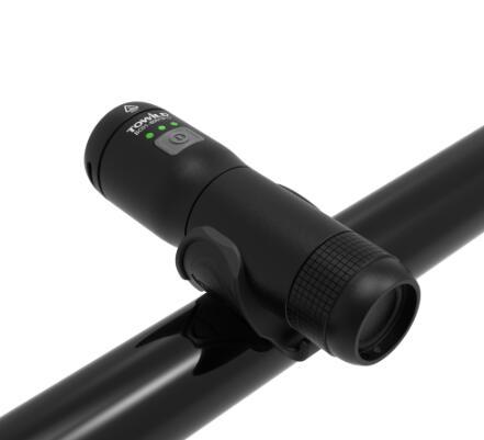 Black Rechargeable Front Bicycle Light with adjustable knurled ring on a white background