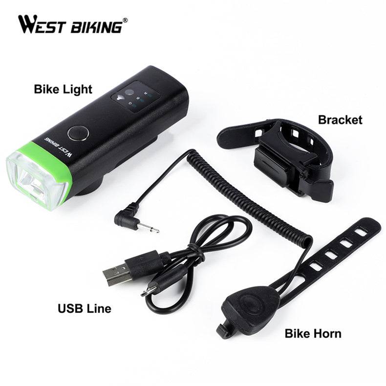 West Biking Rechargeable LED Front Bicycle Sensor Light with bracket, USB line, and bike horn on a white background