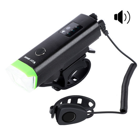 Black Rechargeable LED Front Bicycle Sensor Light with green accent and wireless speaker on a white background
