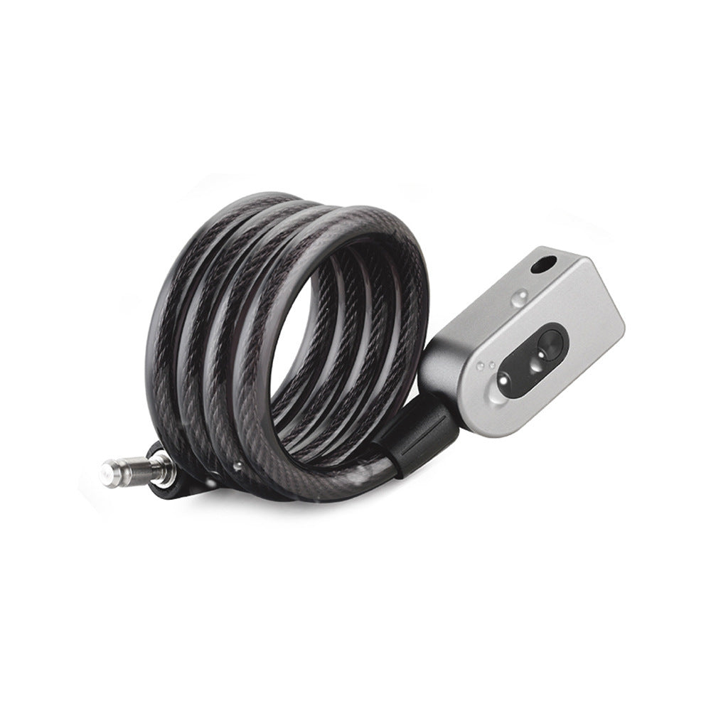 Coiled Rechargeable Smart Bicycle Lock with a metallic endpoint on a white background