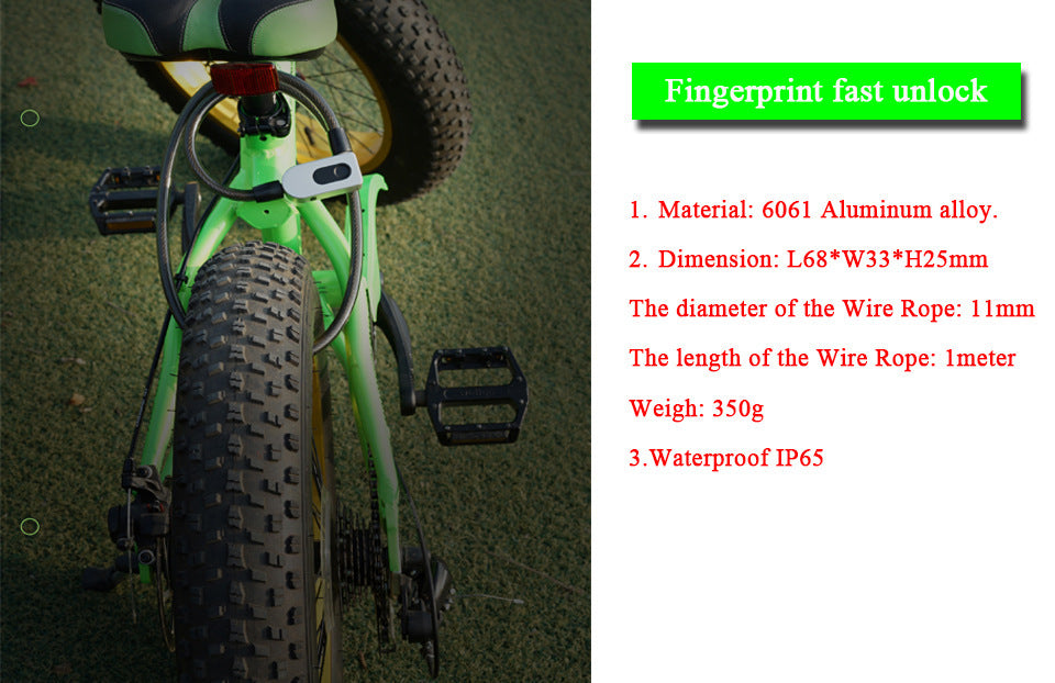 Green bicycle with a Rechargeable Smart Bicycle Lock on a grassy background, featuring text about the lock's specifications.