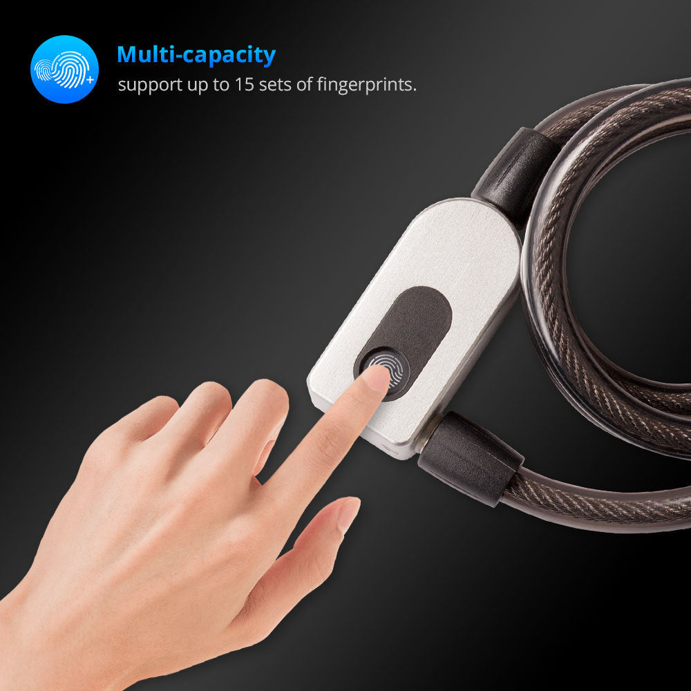 Rechargeable Smart Bicycle Lock with a hand pressing the button.