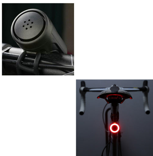 Bicycle handlebar-mounted device and Rechargeable USB Bicycle Rear Light on a dark background