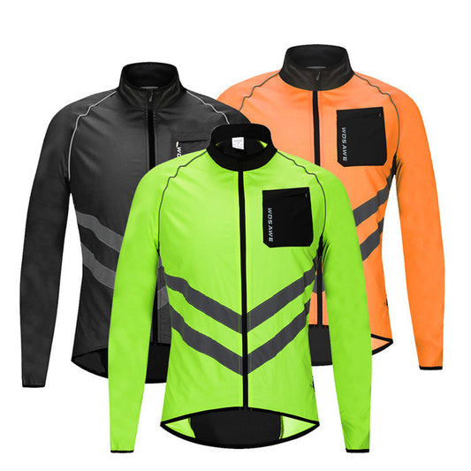 Three reflective cycling jackets in black, green, and orange on a white background