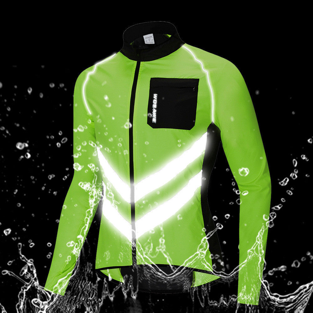 Green reflective cycling jacket with water splashes on a black background