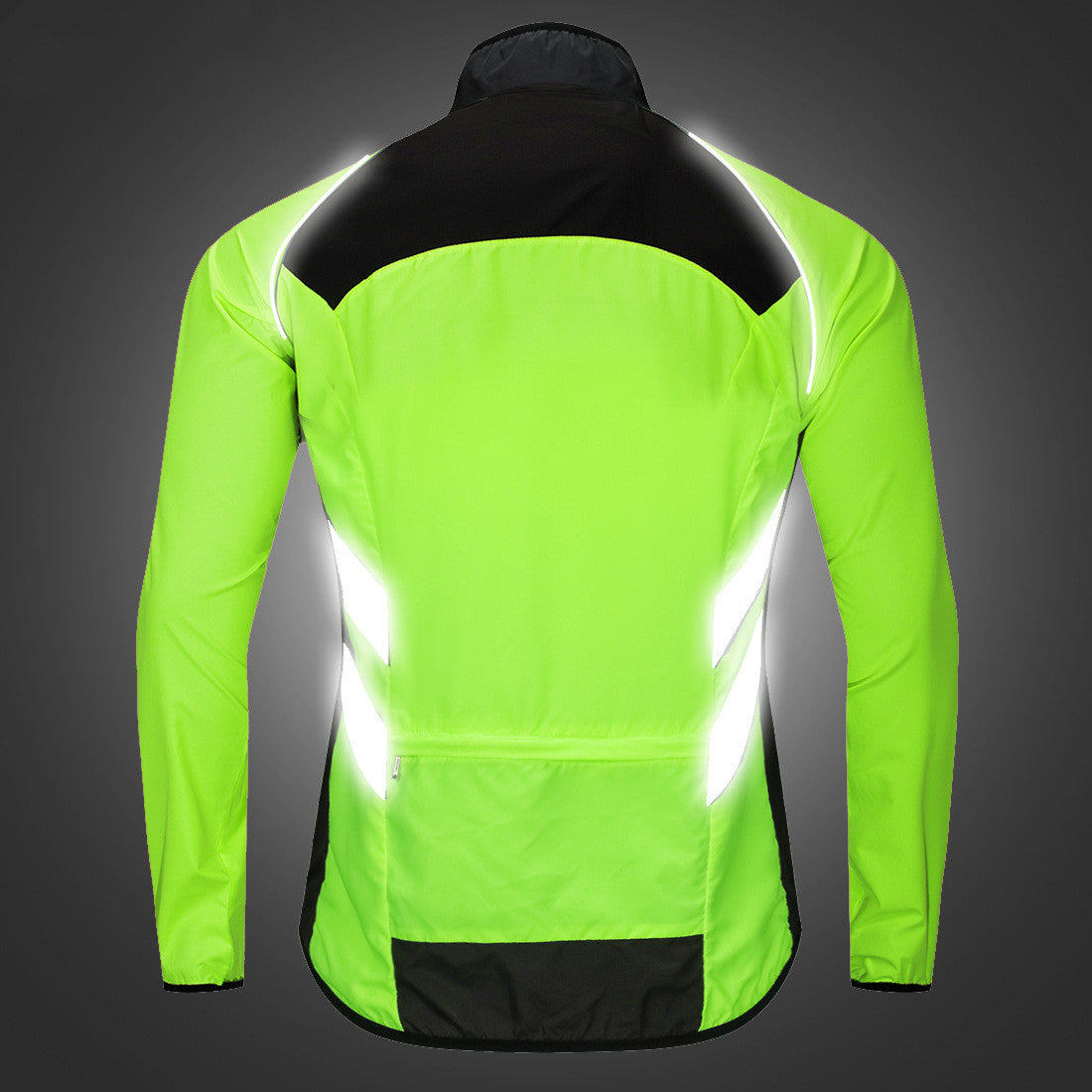 Green cycling jacket with reflective stripes on a dark background
