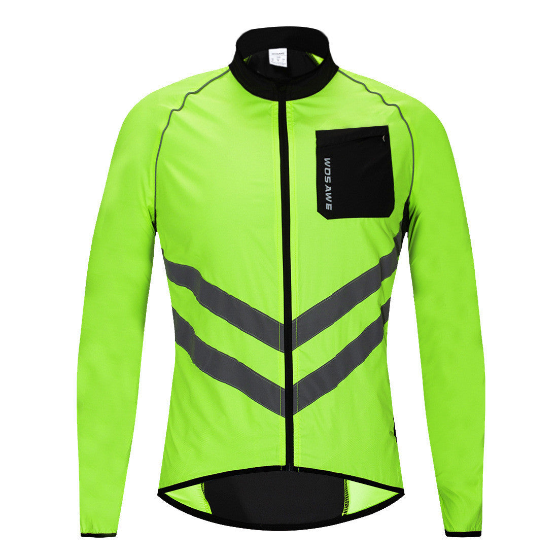 Green cycling jacket with reflective stripes on a white background