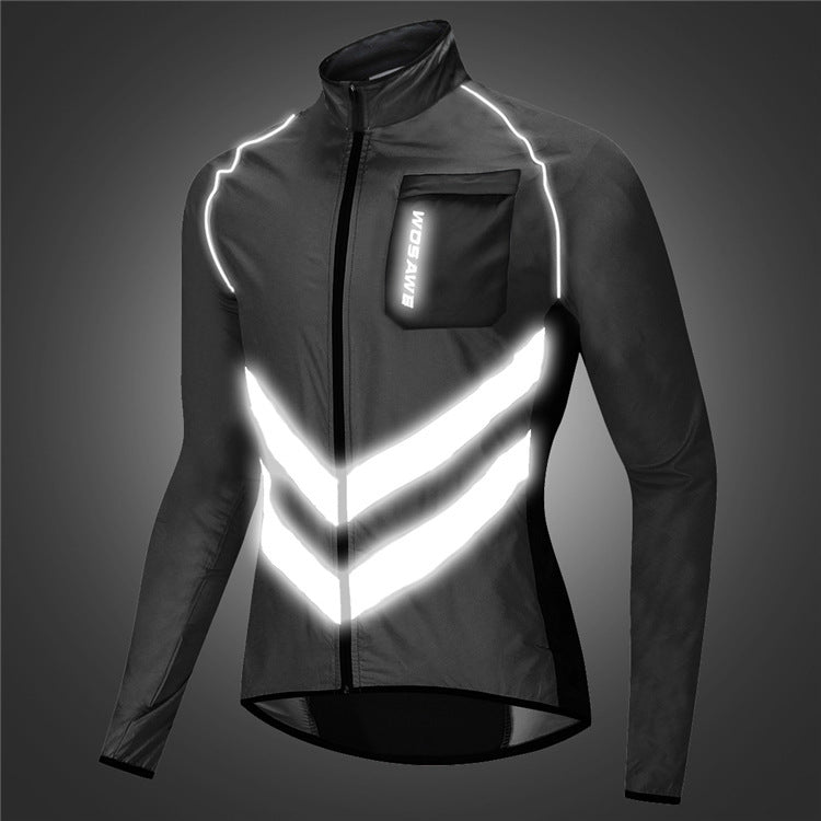 Black cycling jacket with reflective stripes and a visible brand logo on a dark background