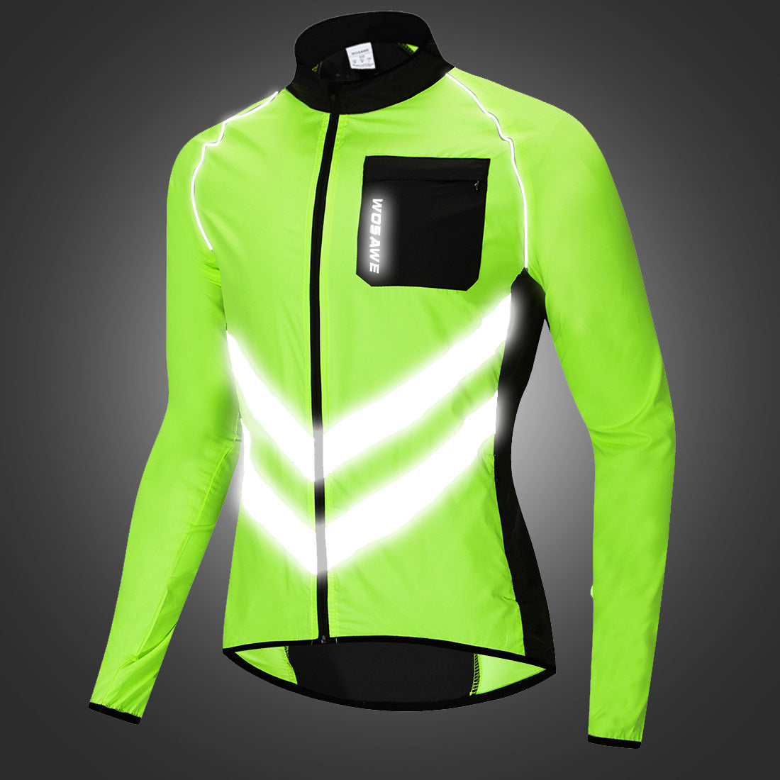 Green cycling jersey with reflective stripes on a dark background