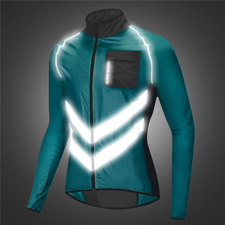 Reflective cycling jacket with black accents on a dark background
