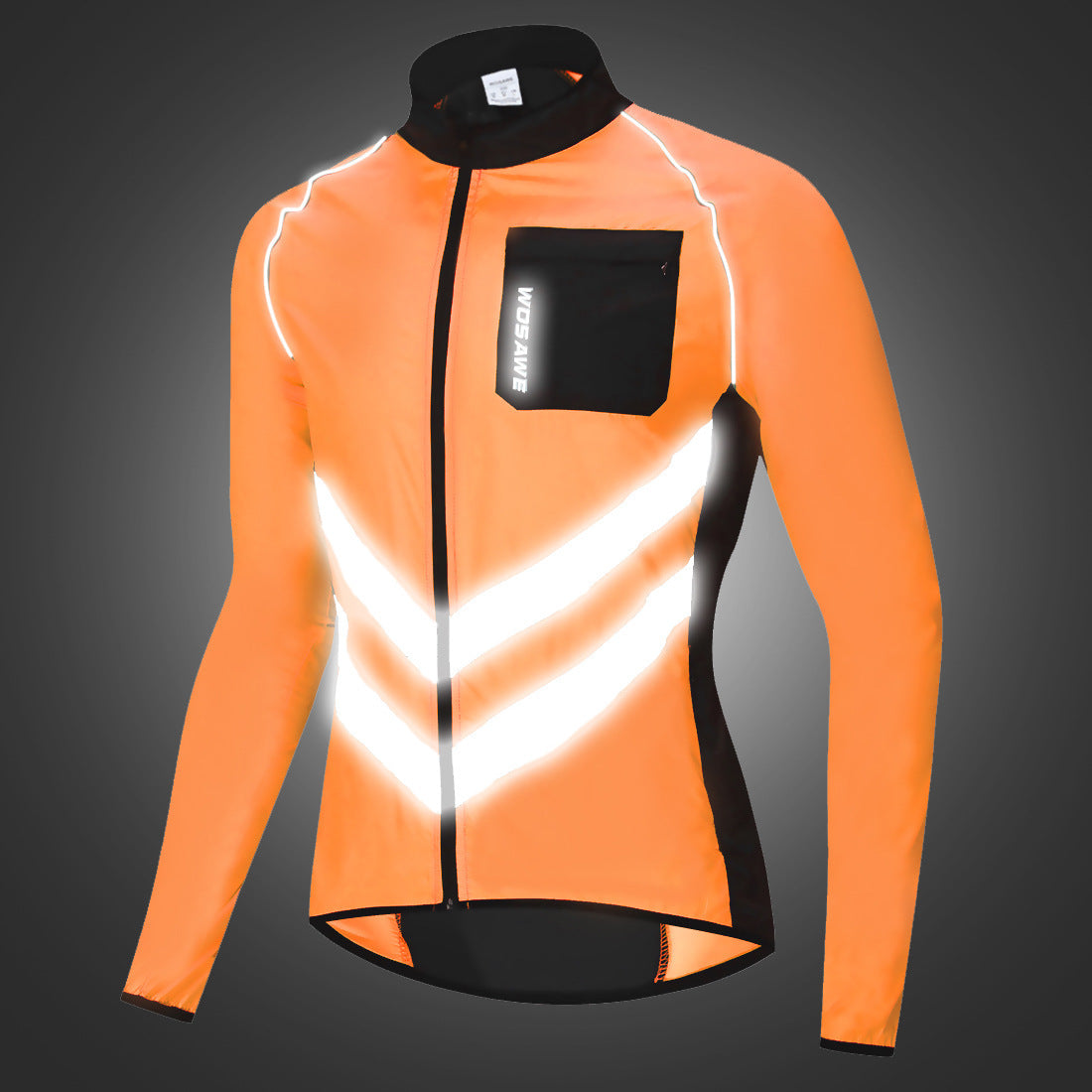 Orange cycling jersey with reflective stripes on a dark background