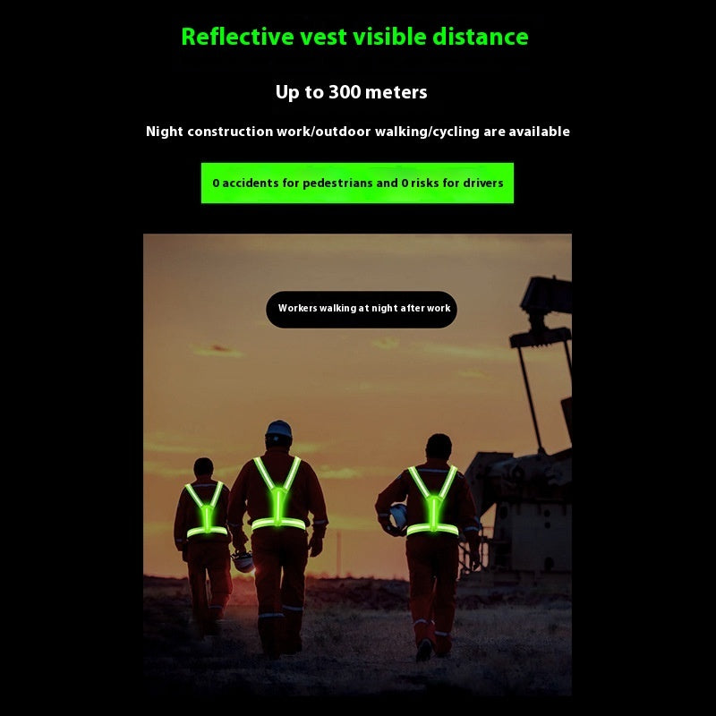 Three workers wearing illuminated reflective vests walking at night with text about their visibility distance.