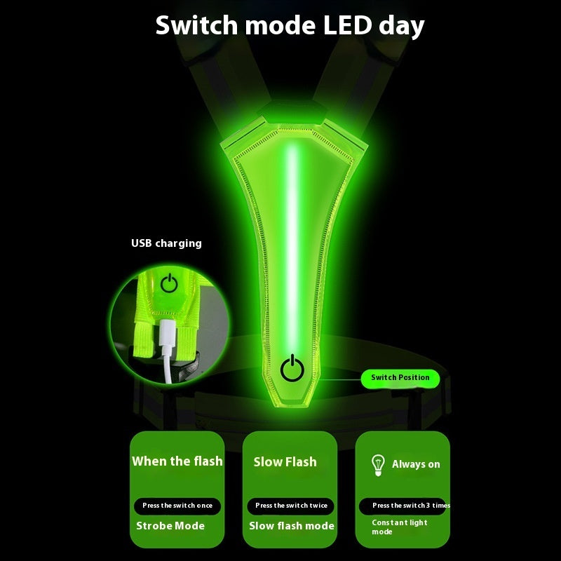Green safety vest with LED light and USB charging feature and switch modes on a black background