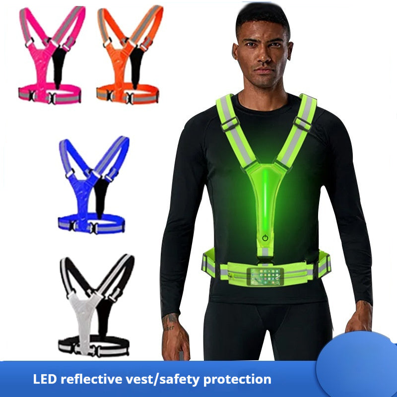 Man wearing a green LED reflective vest with multiple color options displayed above.