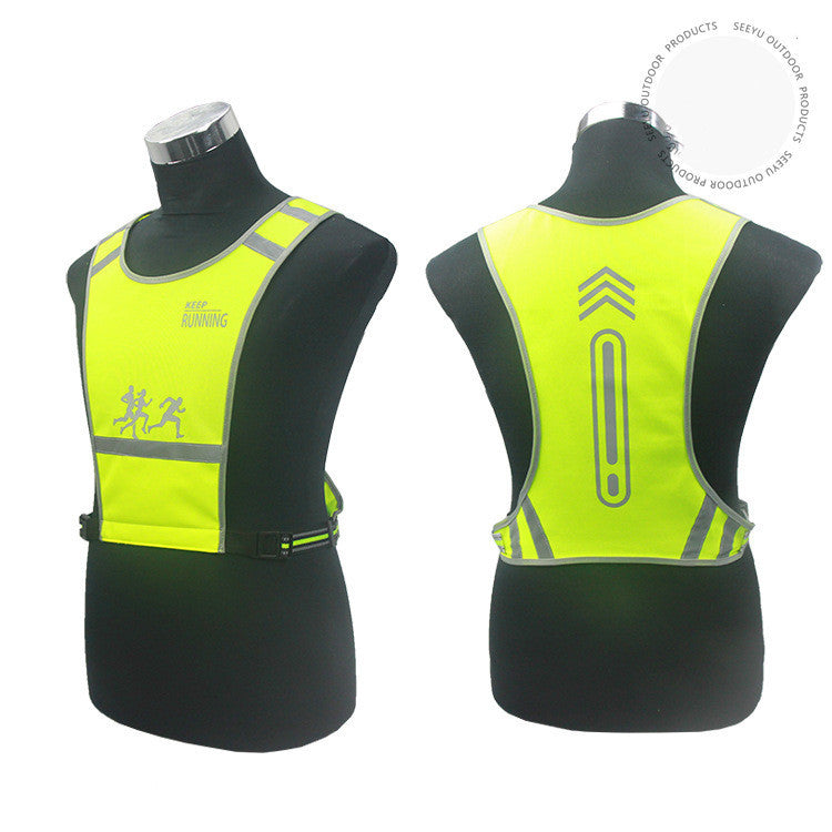 Fluorescent yellow cycling safety vest on black mannequin with reflective stripes, front and back views.
