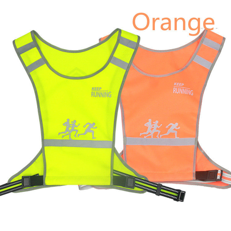 Two reflective sports vests, one green and one orange, on a white background.