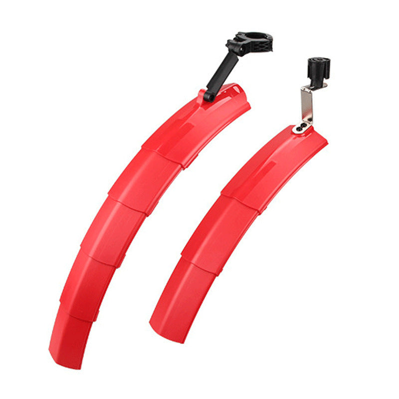 Red retractable bicycle mudguards with mounting brackets on a white background