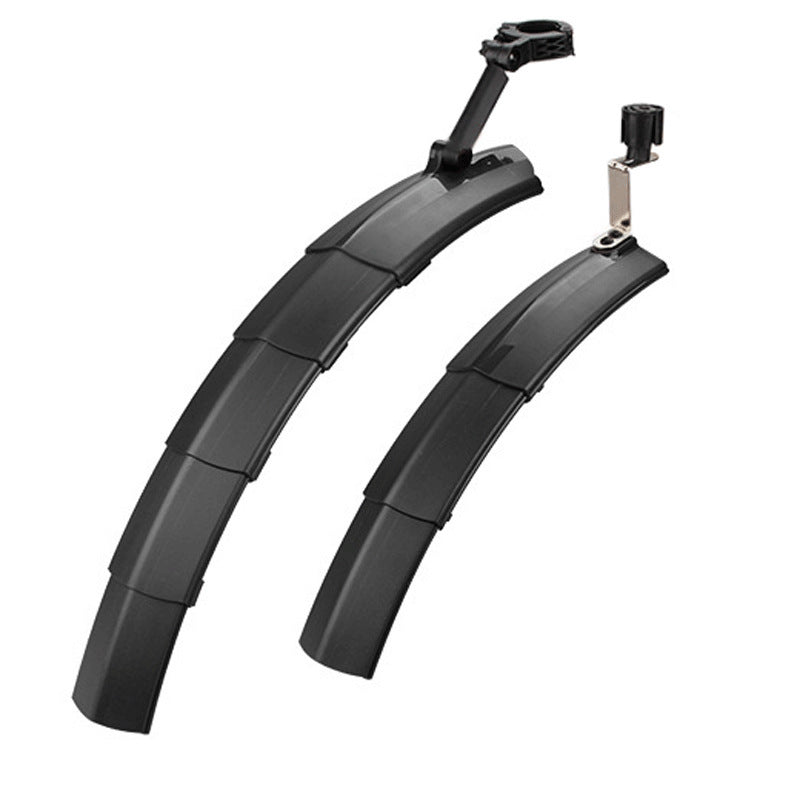 Pair of black retractable bicycle mudguards with mounting brackets on a white background
