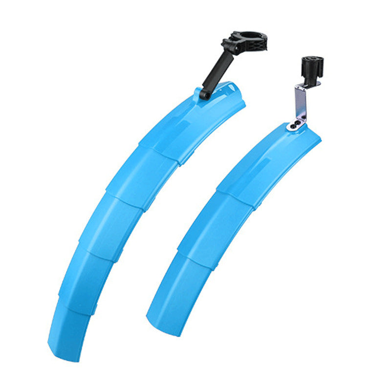 Blue retractable bicycle mudguards with mounting brackets on a white background