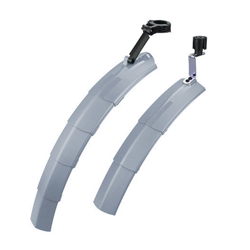 Pair of silver retractable bicycle mudguards with mounting brackets on a white background