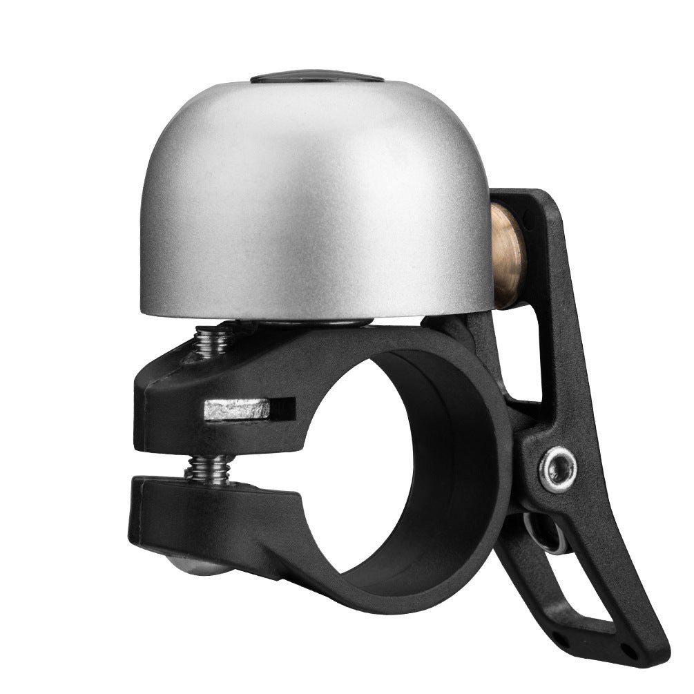 Silver Retro Metallic Bicycle Bell with black mounting clamp on a white background