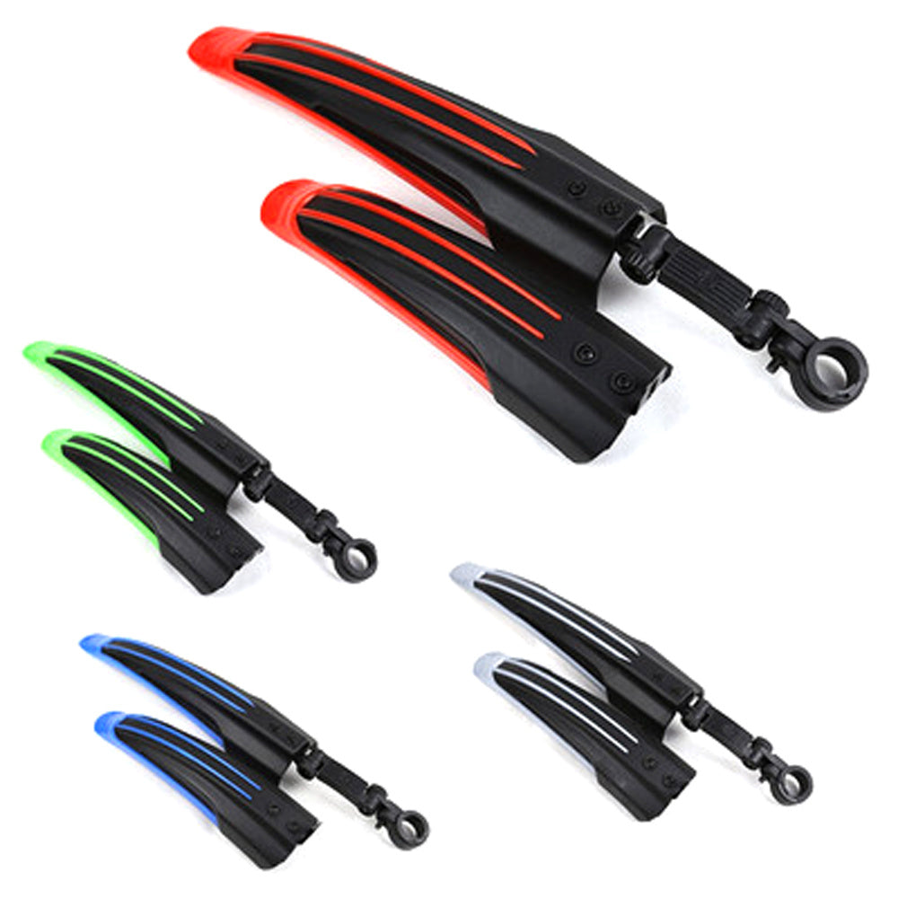 Sets of bicycle mudguards in red, green, blue, and black on a white background