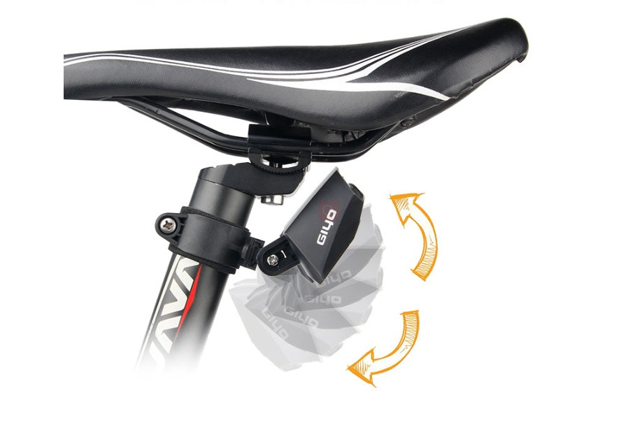 Bicycle seat with a seat post and a Smart Rear Bicycle Light on a white background