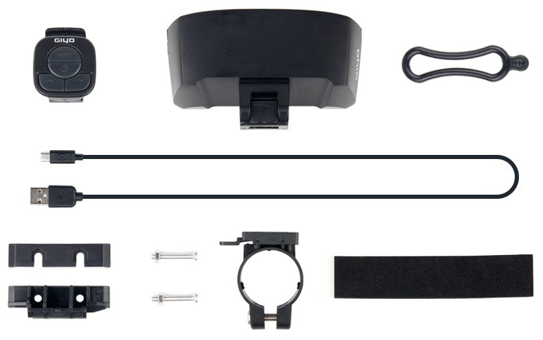 Smart Rear Bicycle Light and accessories including a USB cable, strap, and mounting hardware on a white background.