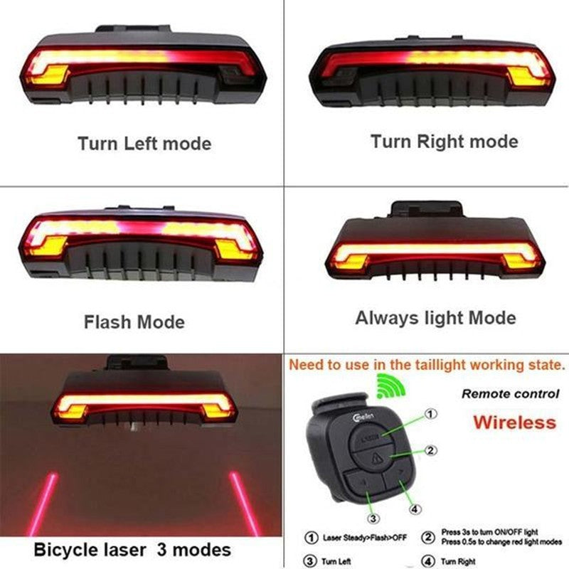 Smart Rear Bicycle Light with various modes and remote control on a dark background
